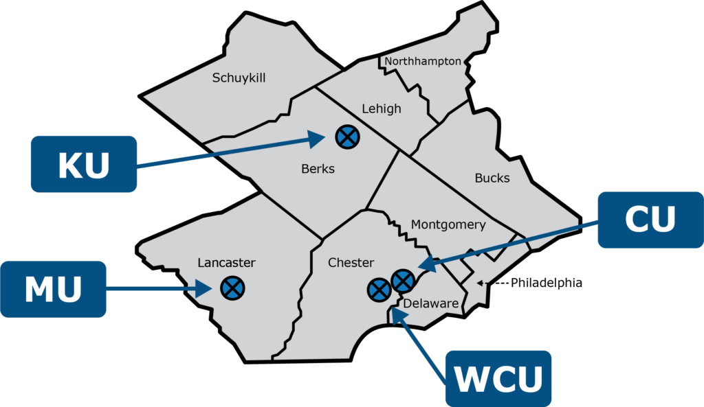 Map of Pennsylvania with location markers of participating institutions